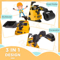 3 In 1 Ride On Excavator Bulldozer Road Roller, No Power Ride On Construction Pretend Play With Music, For 18 48 Months, Yellow Yellow Polypropylene