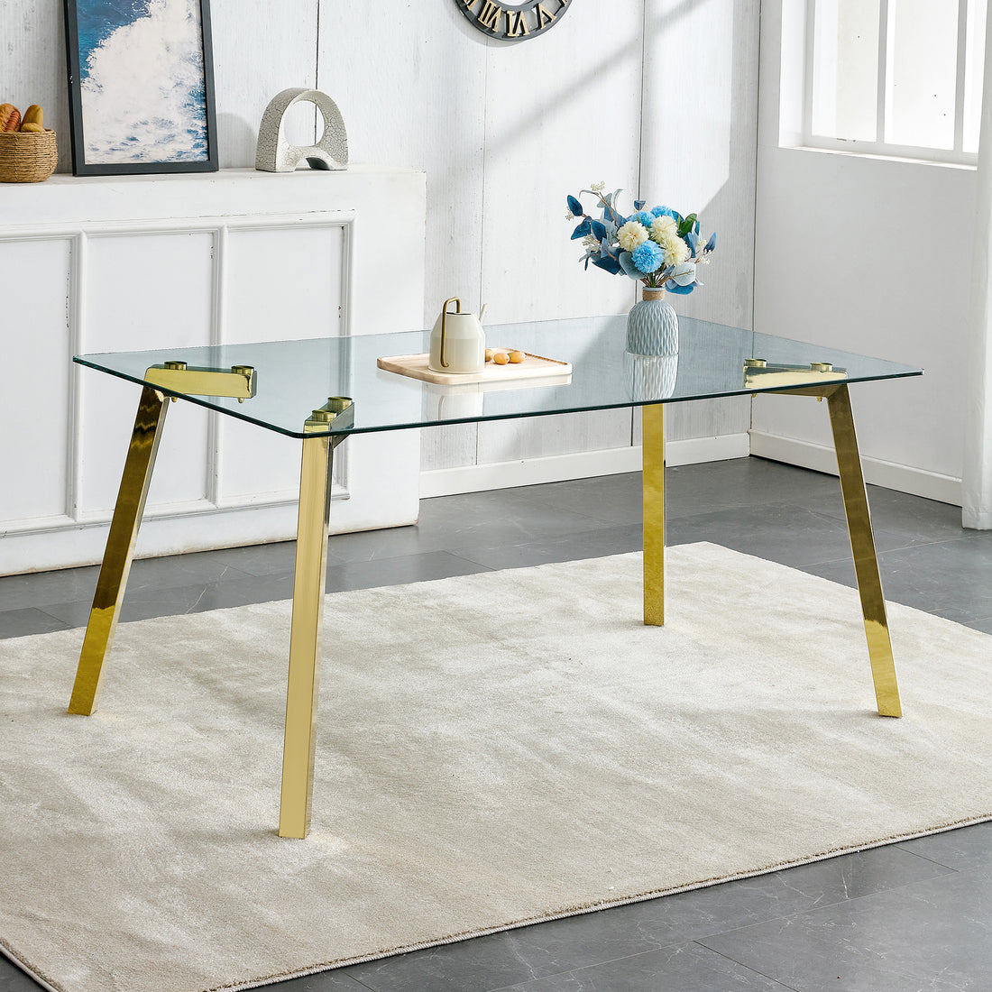 Modern Minimalist Style Rectangular Glass Dining Table With Tempered Glass Tabletop And Golden Metal Legs, Suitable For Kitchen, Dining Room, And Living Room, 63 Inches * 35.4 Inches * 30 Inches Golden Metal