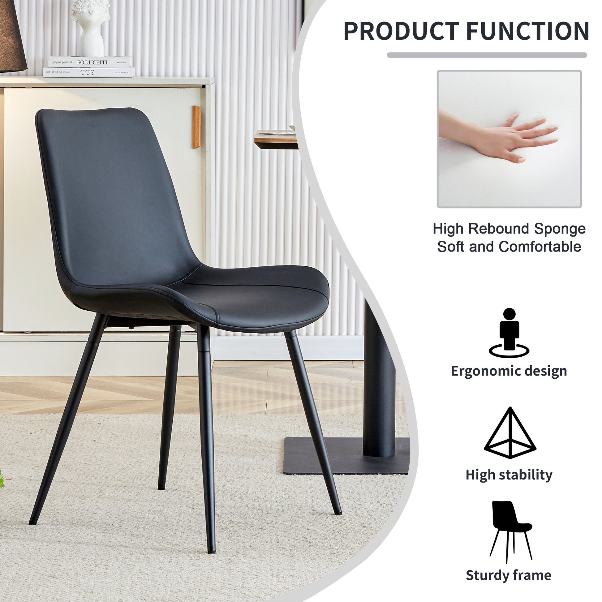 Black Artificial Leather Backrest Cushion Dining Chair, Black Metal Legs, Curved Widened Cushion Design For More Comfort, Suitable For Restaurants, Kitchens, Bedrooms, Offices. 4 Chairs 0502 Black Faux Leather