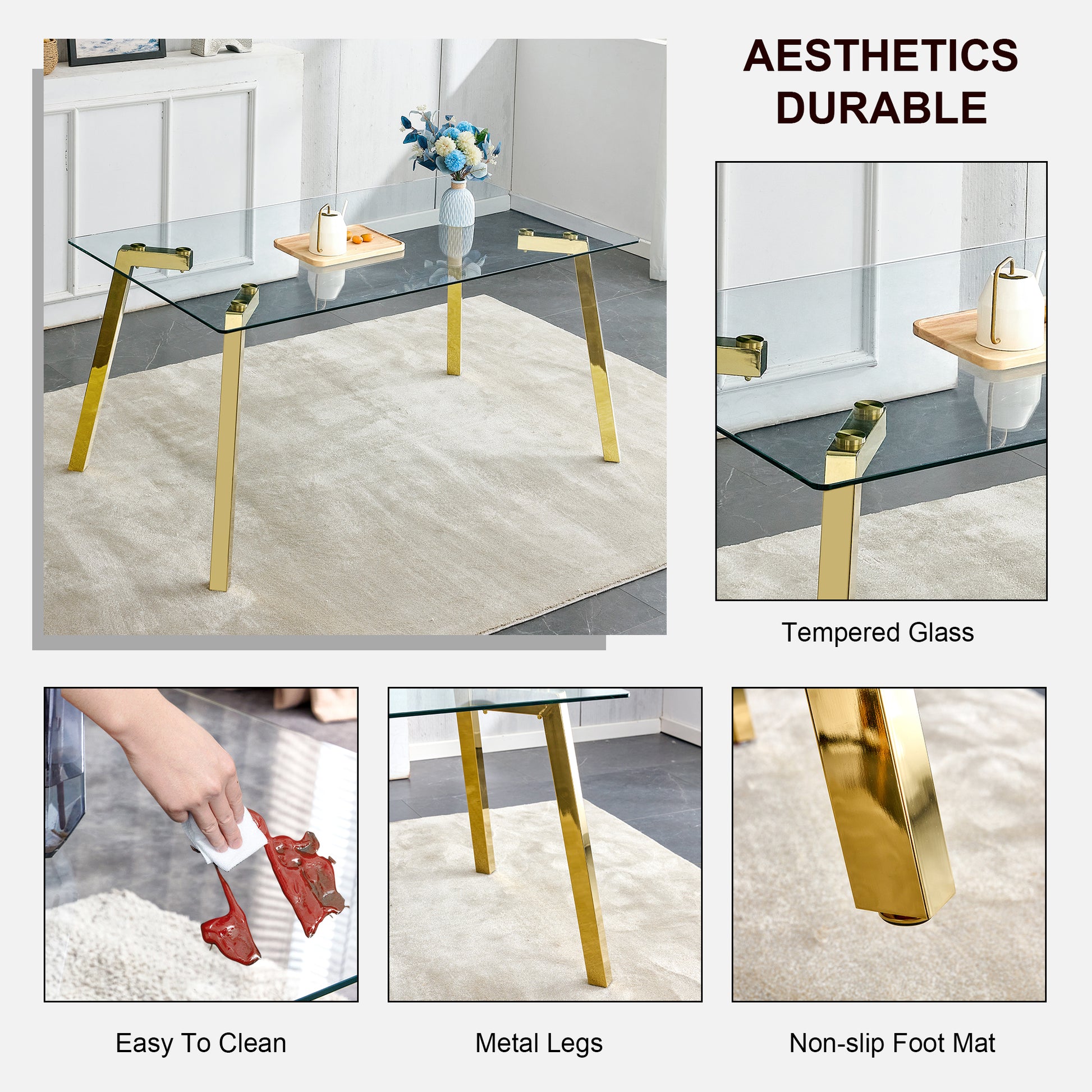 Modern Minimalist Style Rectangular Glass Dining Table With Tempered Glass Tabletop And Golden Metal Legs, Suitable For Kitchen, Dining Room, And Living Room, 63 Inches * 35.4 Inches * 30 Inches Golden Metal