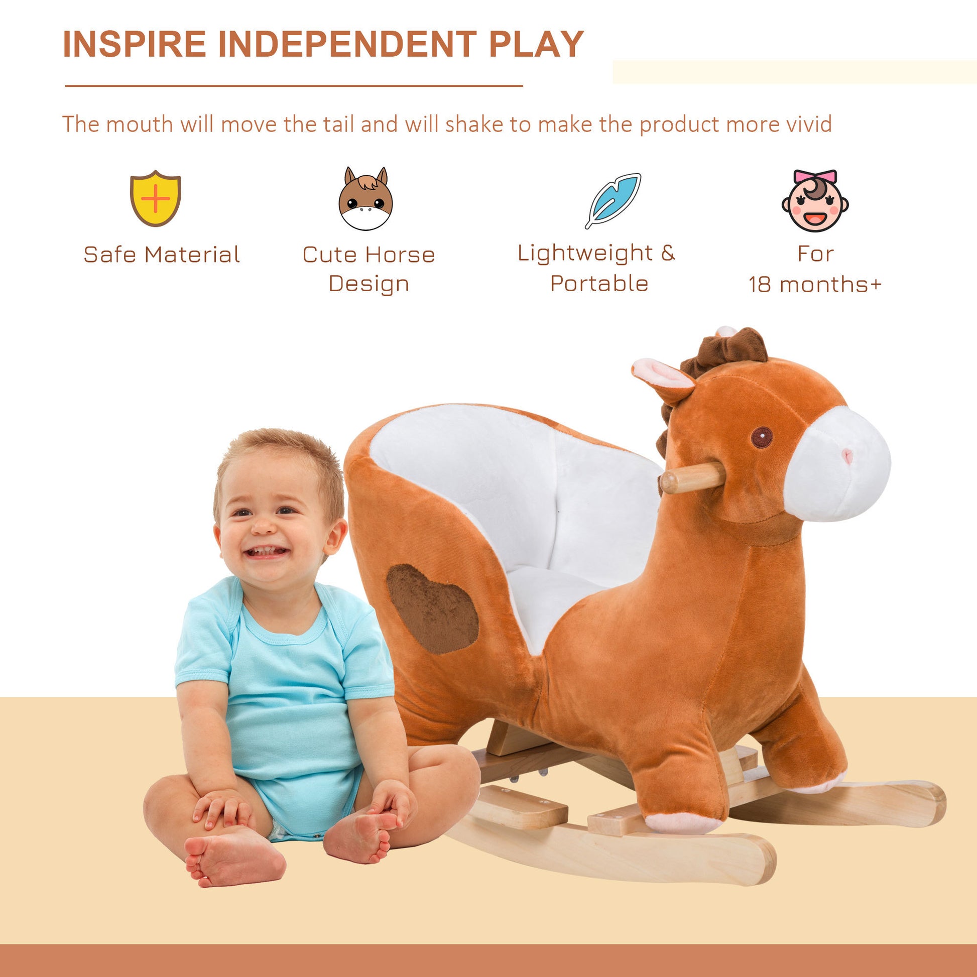 Kids Ride On Rocking Horse, Plush Animal Toy Sturdy Wooden Rocker With Songs For Boys Or Girls Brown Plush