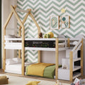 Twin Over Twin House Bunk Bed With White Storage Staircase And Blackboard, White And Natural Box Spring Not Required Twin White Bed Frame Pine