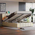 Queen Size Upholstered Bed With Hydraulic Storage System And Led Light, Beige Queen Beige Linen