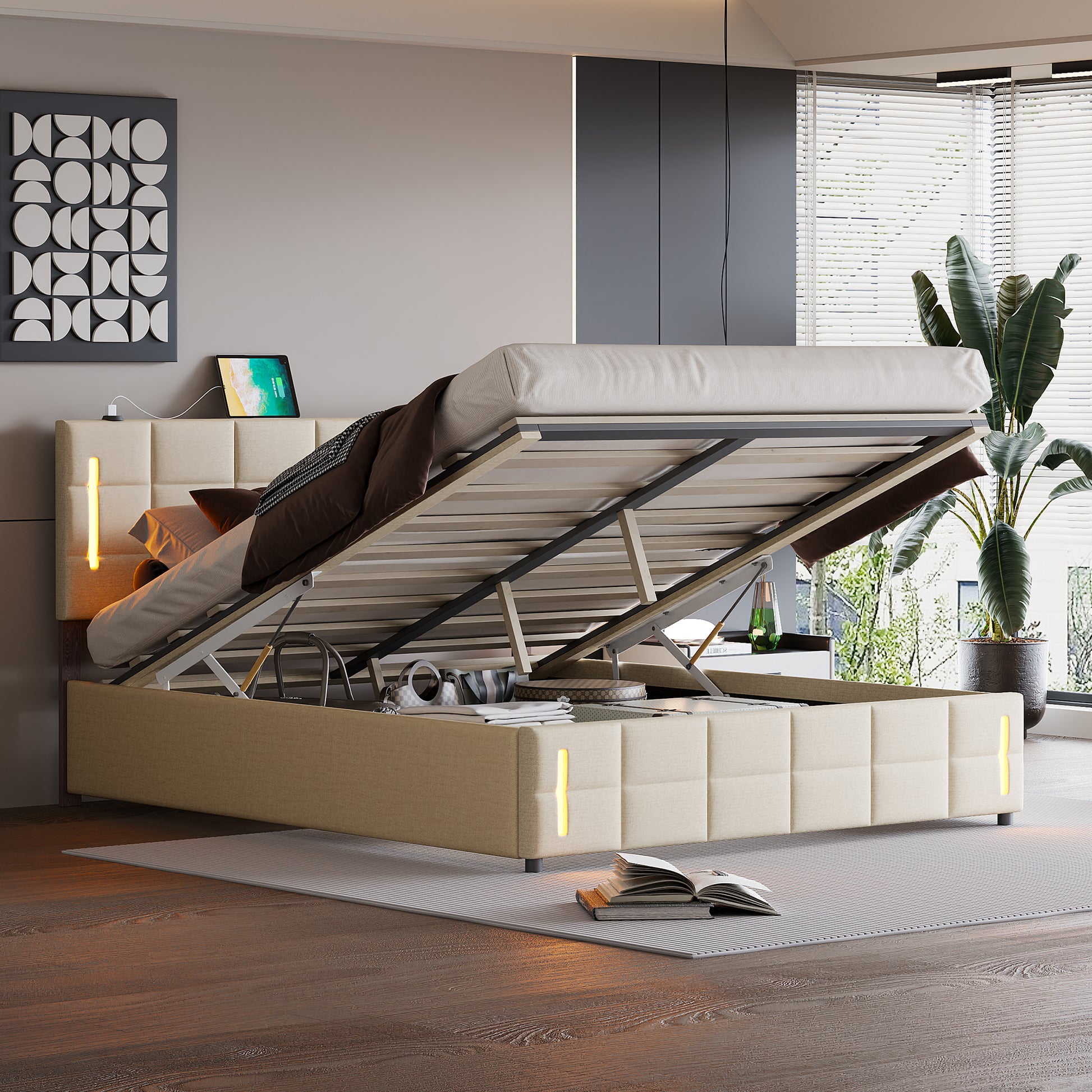 Queen Size Upholstered Bed With Hydraulic Storage System And Led Light, Beige Queen Beige Linen