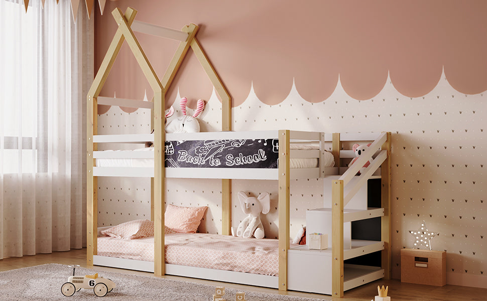 Twin Over Twin House Bunk Bed With White Storage Staircase And Blackboard, White And Natural Box Spring Not Required Twin White Bed Frame Pine