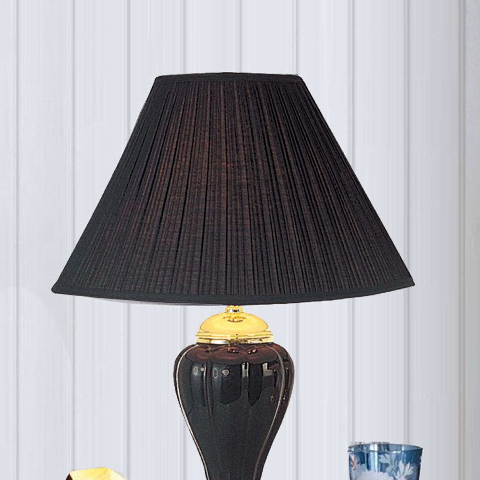 27" Tall Ceramic Table Lamp, Urn Shaped With Black Finish, Linen Shade Black Ceramic