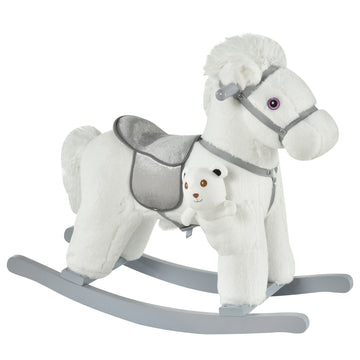 Kids Plush Ride On Rocking Horse With Bear Toy, Children Chair With Soft Plush Toy & Fun Realistic Sounds, White White Plush