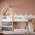 Twin Over Twin House Bunk Bed With White Storage Staircase And 2 Blackboards, White And Natural Box Spring Not Required Twin White Bed Frame Pine