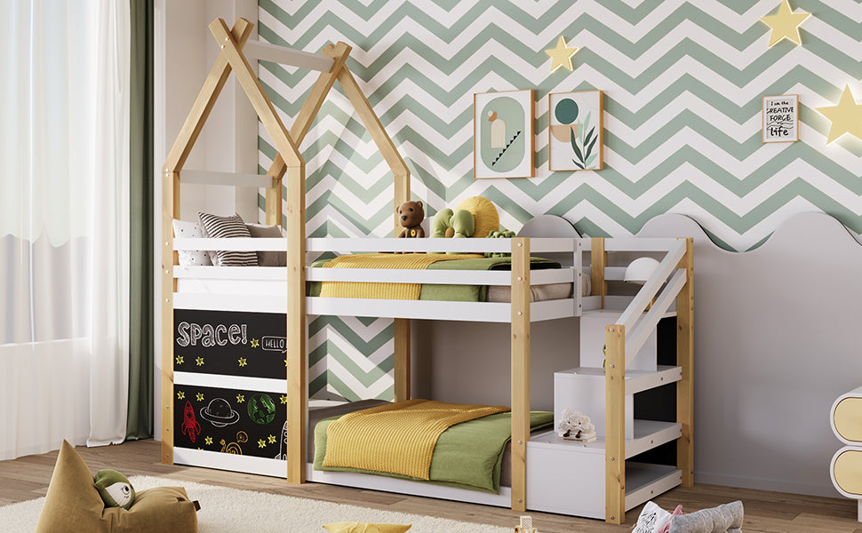 Twin Over Twin House Bunk Bed With White Storage Staircase And 2 Blackboards, White And Natural Box Spring Not Required Twin White Bed Frame Pine