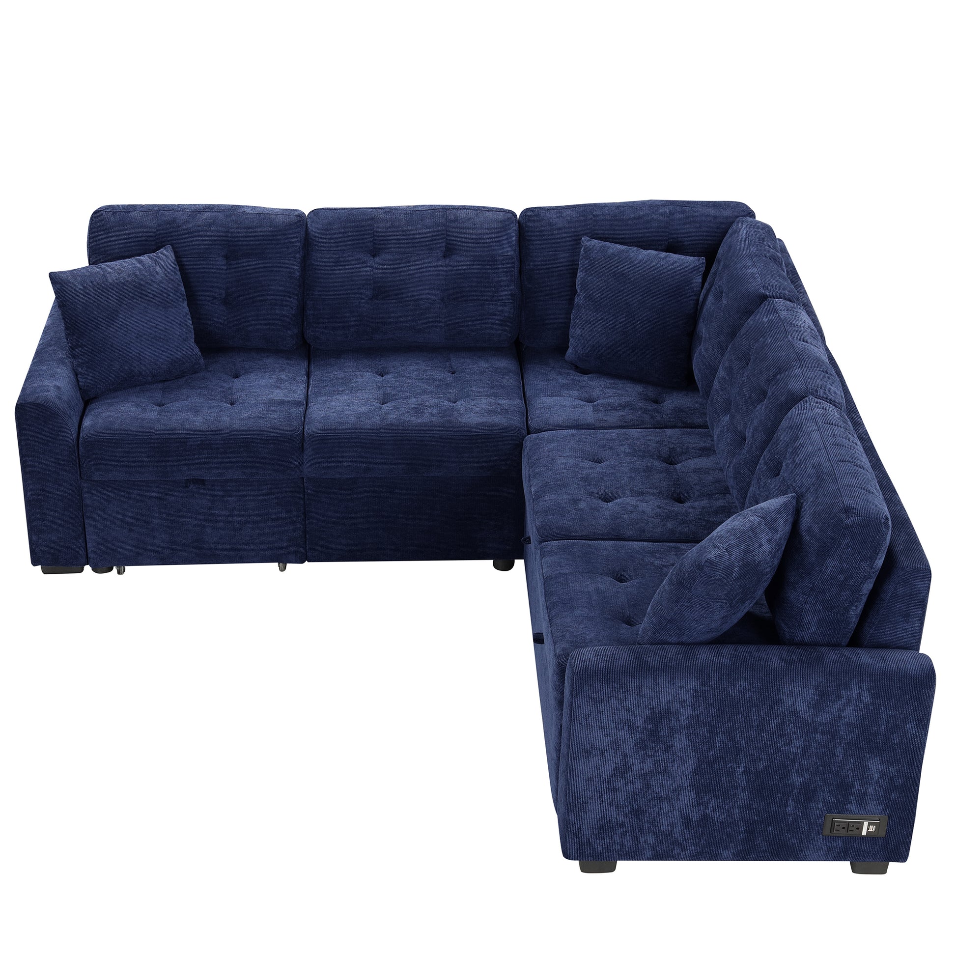 82.6" L Shape Sofa Bed Pull Out Sleeper Sofa With Wheels, Usb Ports, Power Sockets For Living Room, Navy Blue Navy Blue Foam Velvet