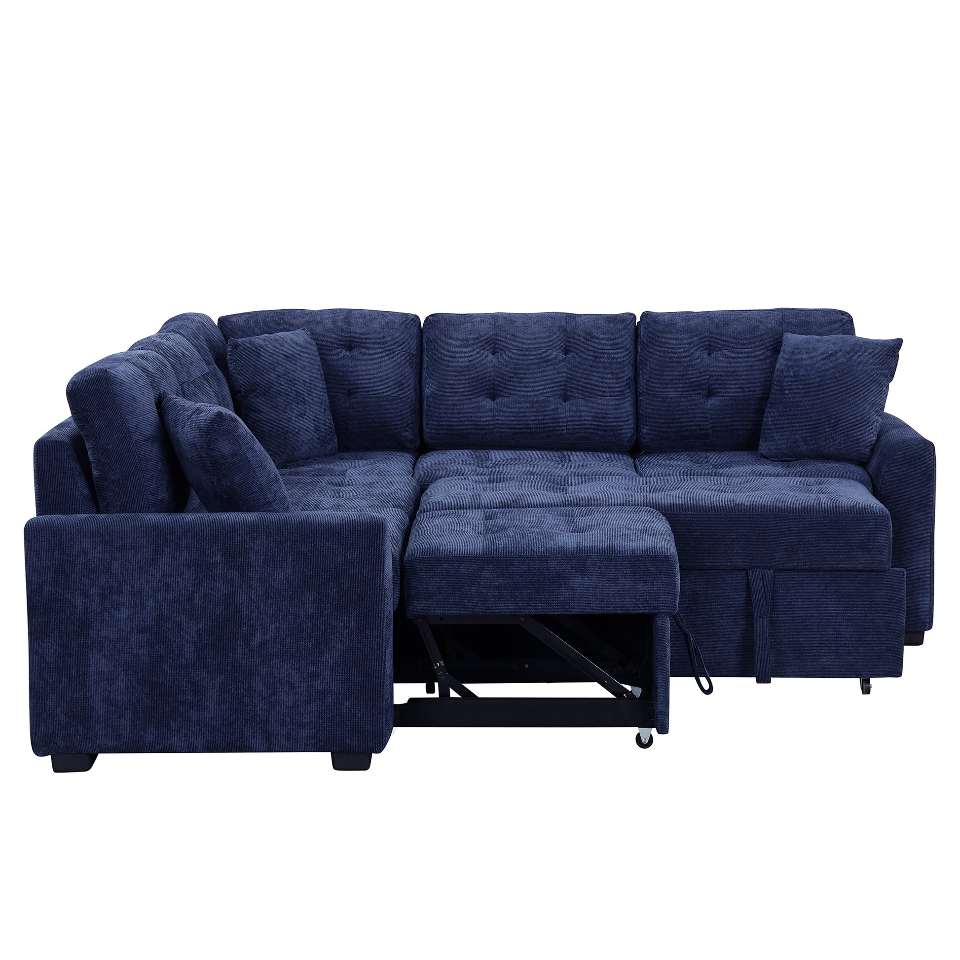 82.6" L Shape Sofa Bed Pull Out Sleeper Sofa With Wheels, Usb Ports, Power Sockets For Living Room, Navy Blue Navy Blue Foam Velvet