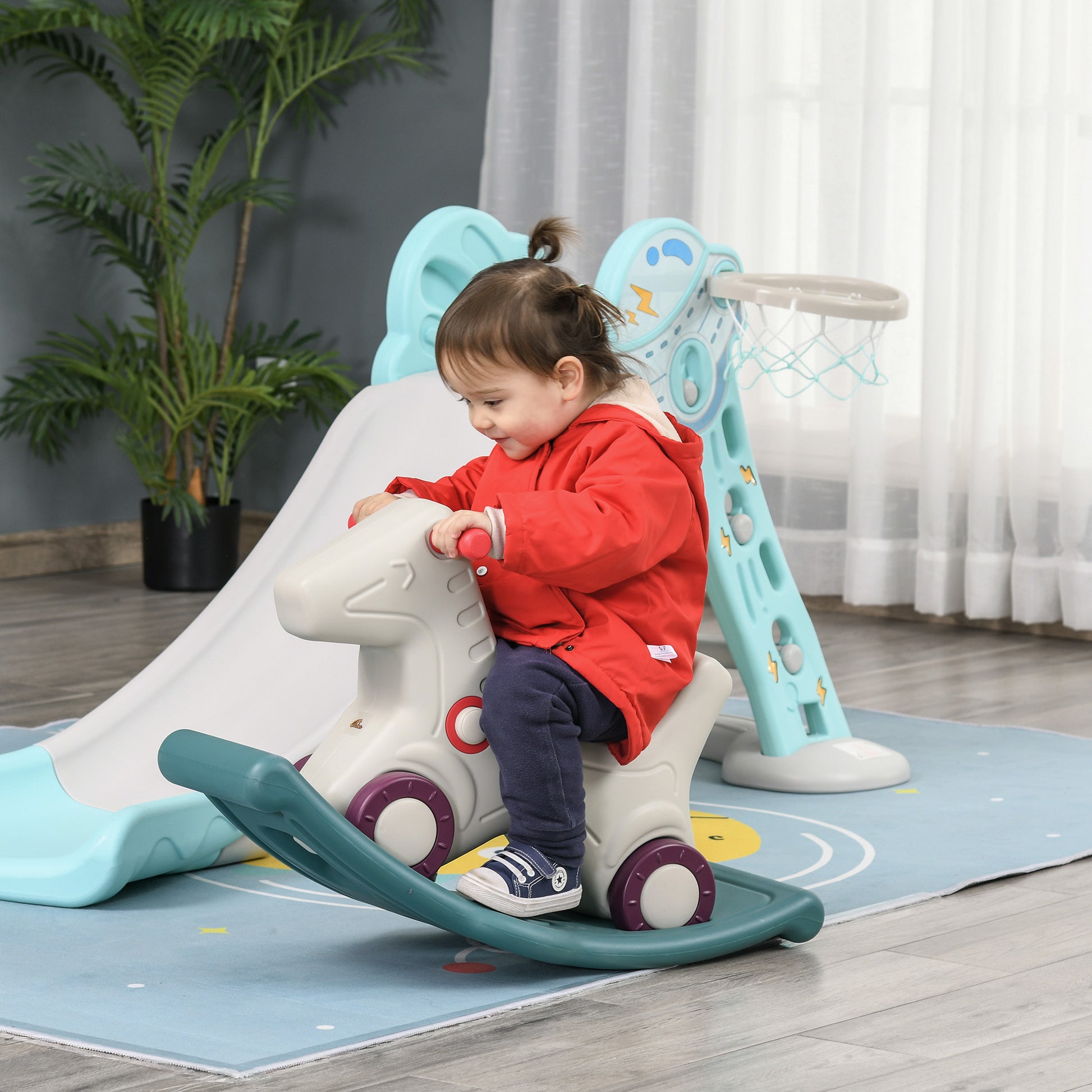 Kids 2 In 1 Rocking Horse & Sliding Car For Indoor & Outdoor Use W Detachable Base, Wheels, Smooth Materials, Grey And Green Grey Hdpe