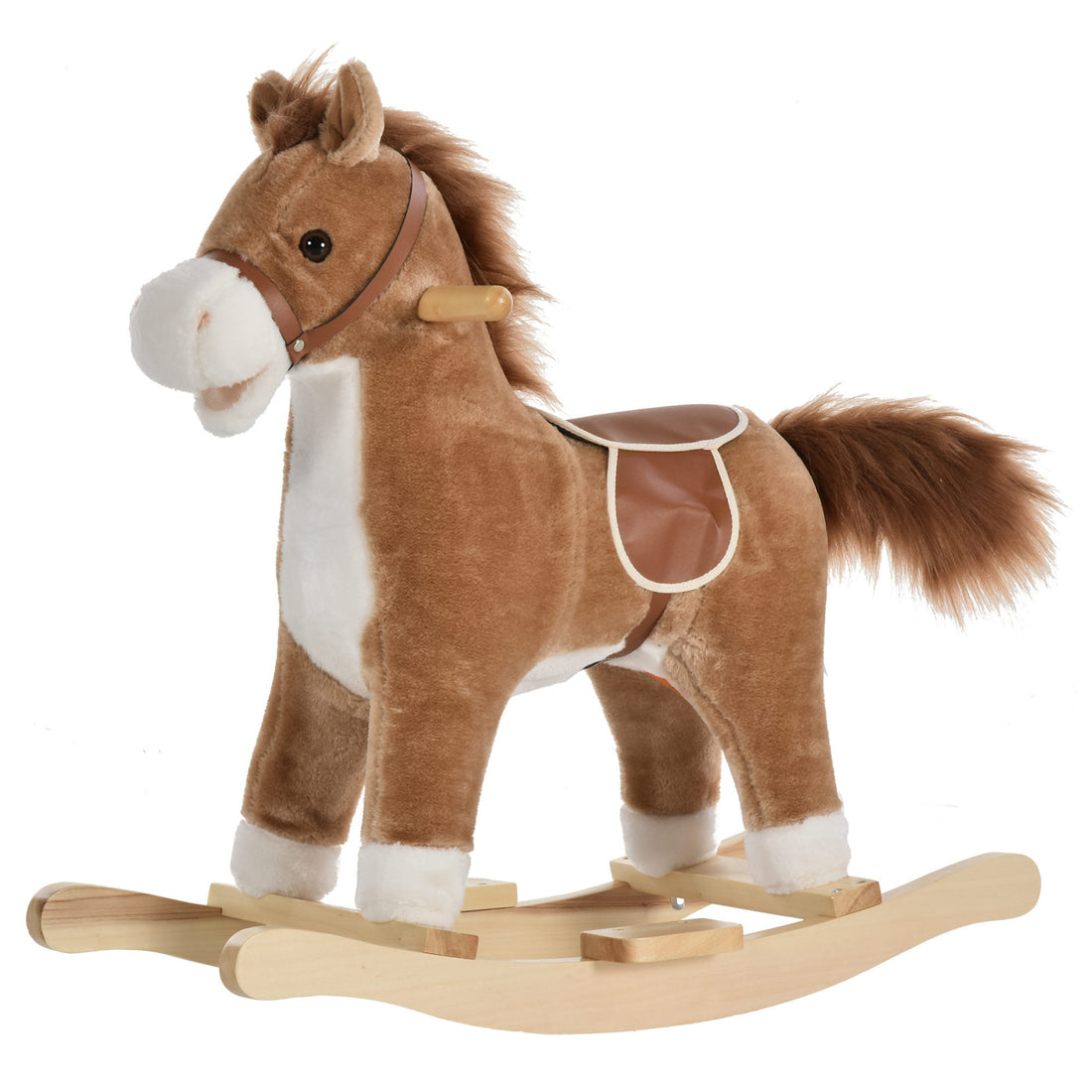 Rocking Horse Plush Animal On Wooden Rockers, Baby Rocking Chair With Sounds, Moving Mouth, Wagging Tail, Brown Brown Plush