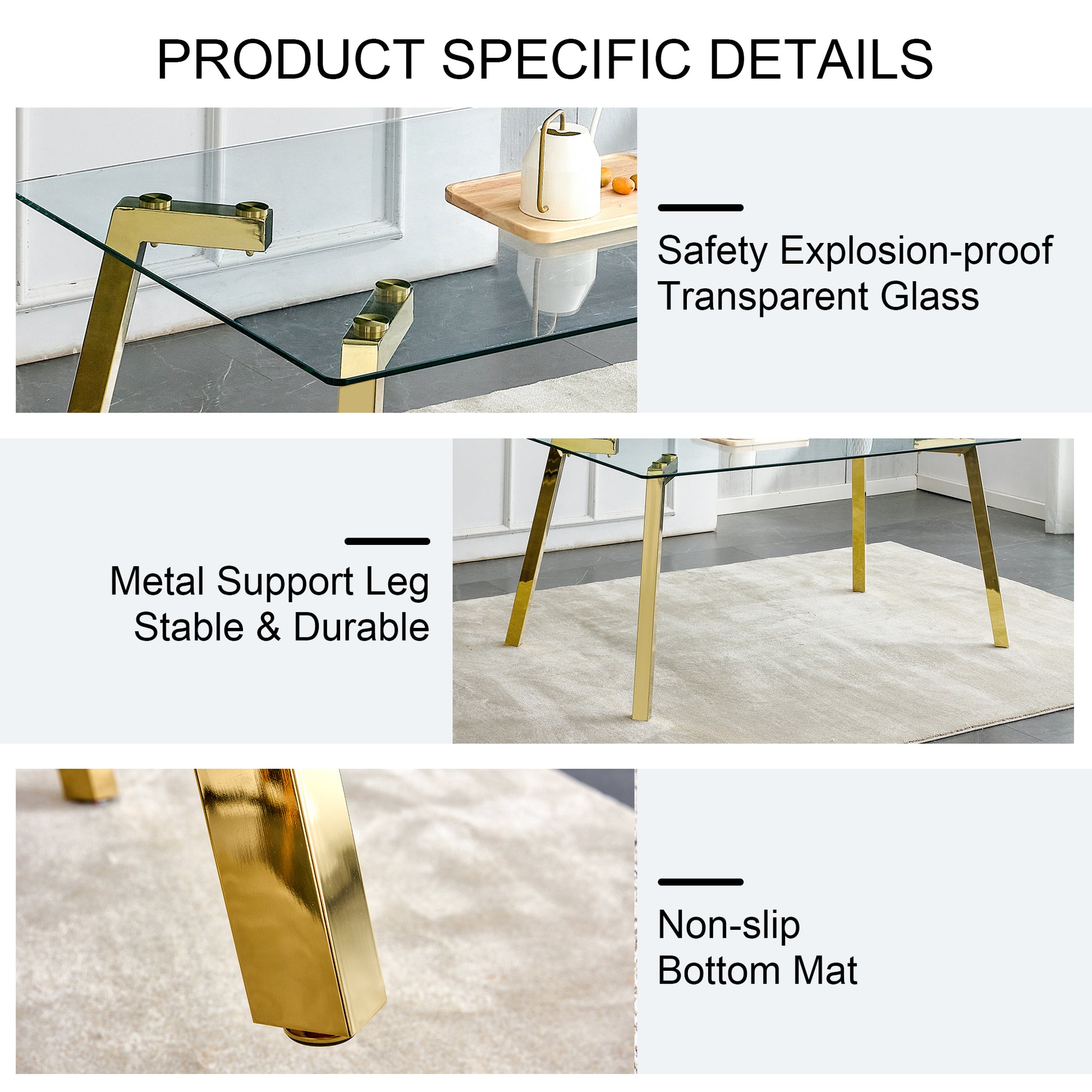 Modern Minimalist Style Rectangular Glass Dining Table With Tempered Glass Tabletop And Golden Metal Legs, Suitable For Kitchen, Dining Room, And Living Room, 63 Inches * 35.4 Inches * 30 Inches Golden Metal
