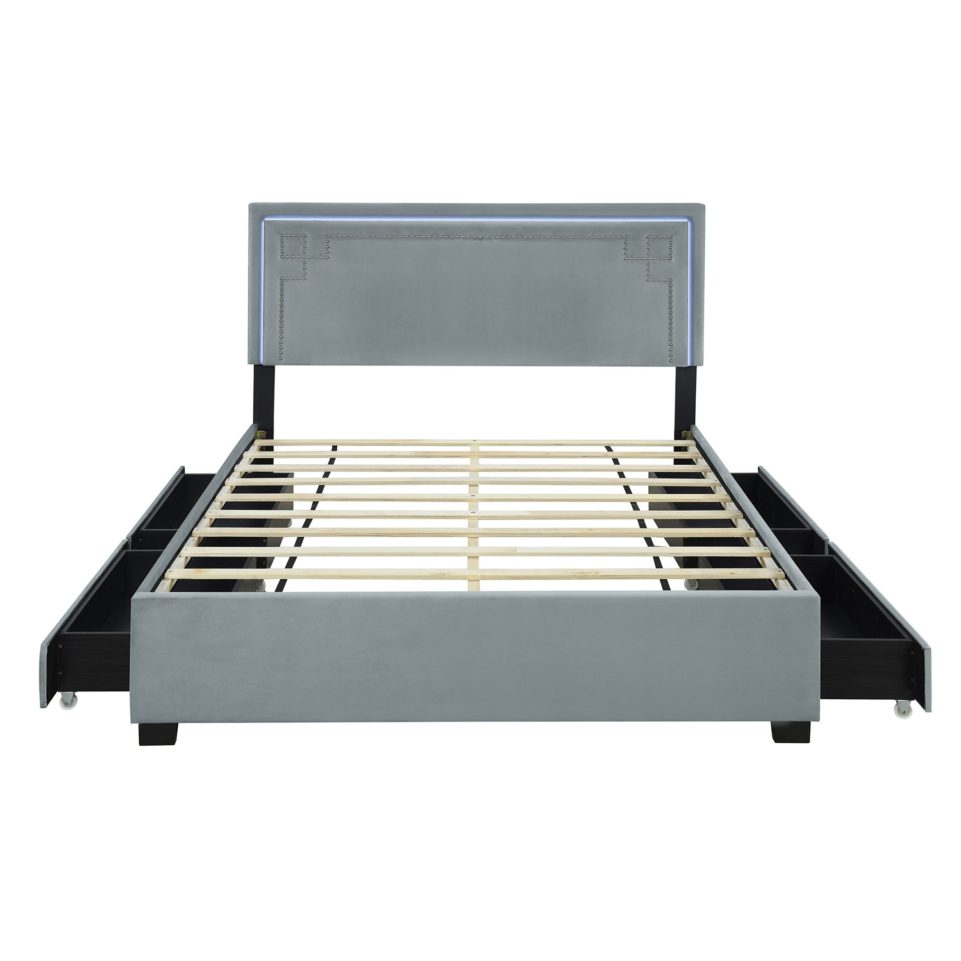 Queen Size Upholstered Platform Bed With Rivet Decorated Headboard, Led Bed Frame And 4 Drawers, Gray Gray Velvet