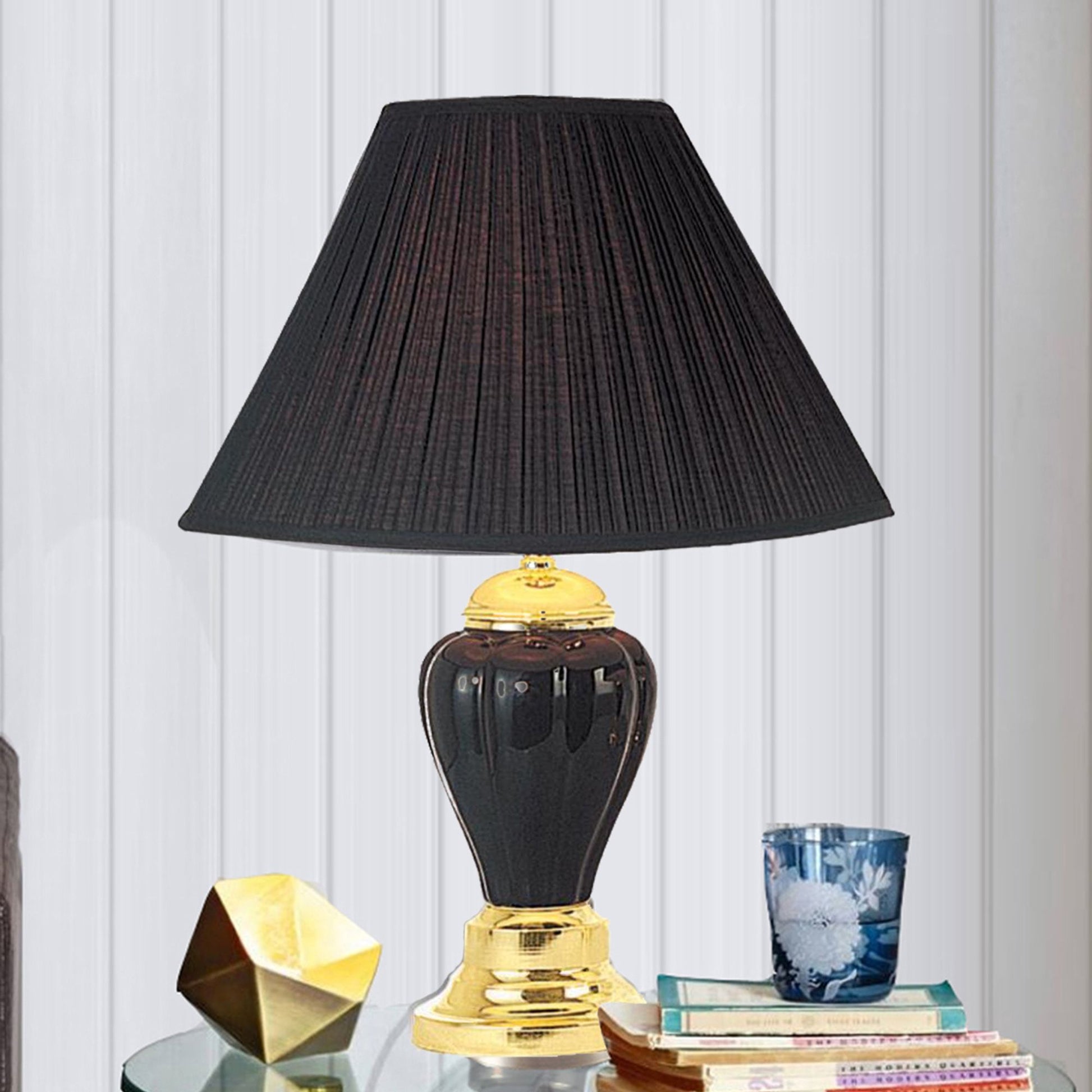 27" Tall Ceramic Table Lamp, Urn Shaped With Black Finish, Linen Shade Black Ceramic