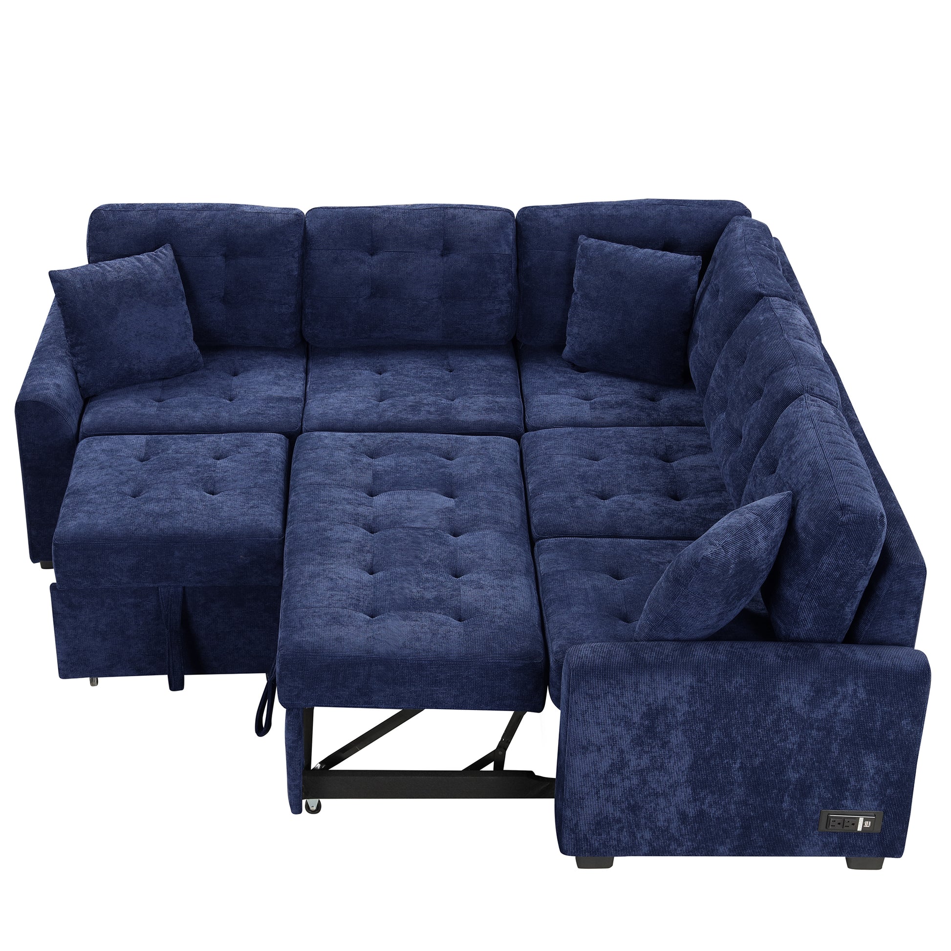 82.6" L Shape Sofa Bed Pull Out Sleeper Sofa With Wheels, Usb Ports, Power Sockets For Living Room, Navy Blue Navy Blue Foam Velvet