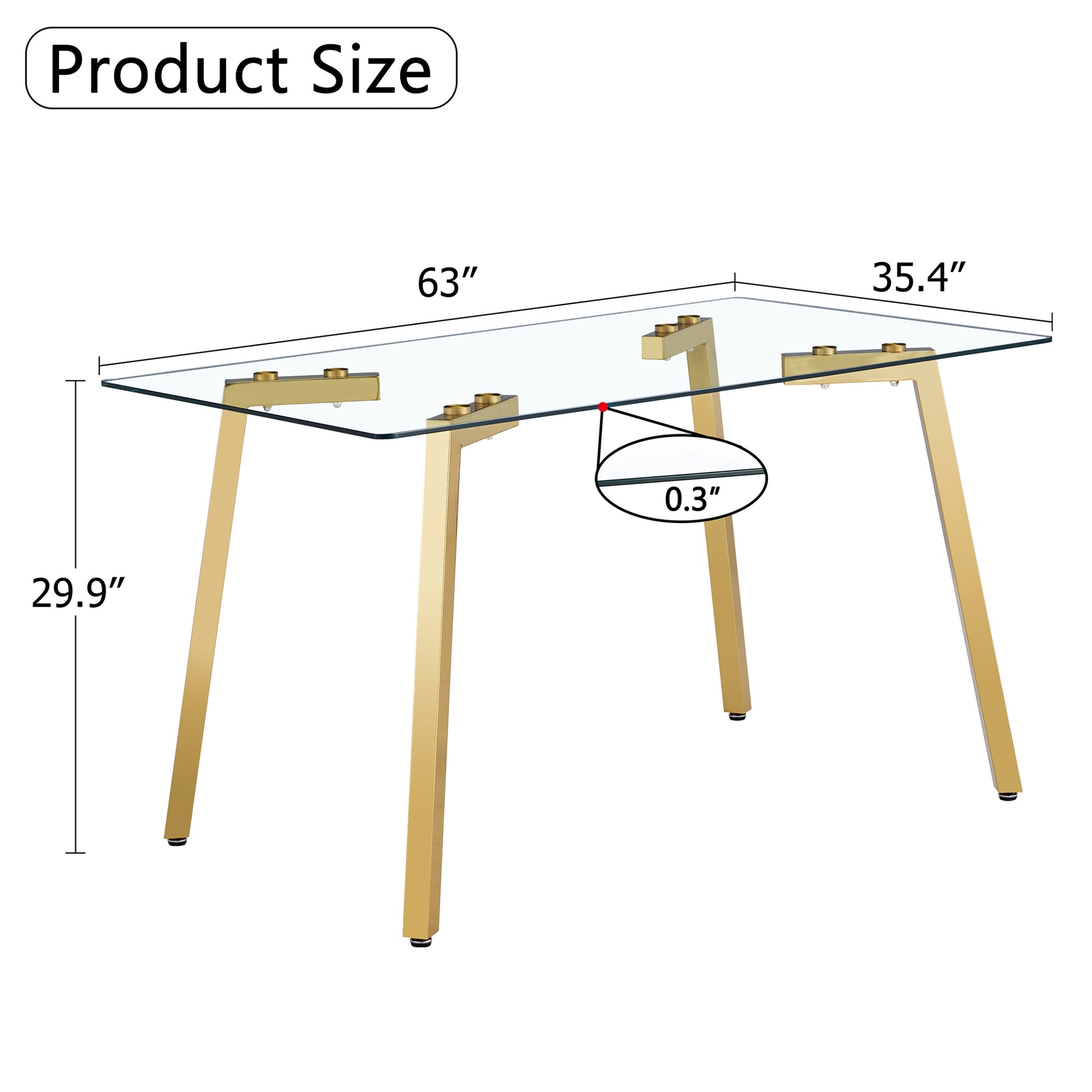 Modern Minimalist Style Rectangular Glass Dining Table With Tempered Glass Tabletop And Golden Metal Legs, Suitable For Kitchen, Dining Room, And Living Room, 63 Inches * 35.4 Inches * 30 Inches Golden Metal