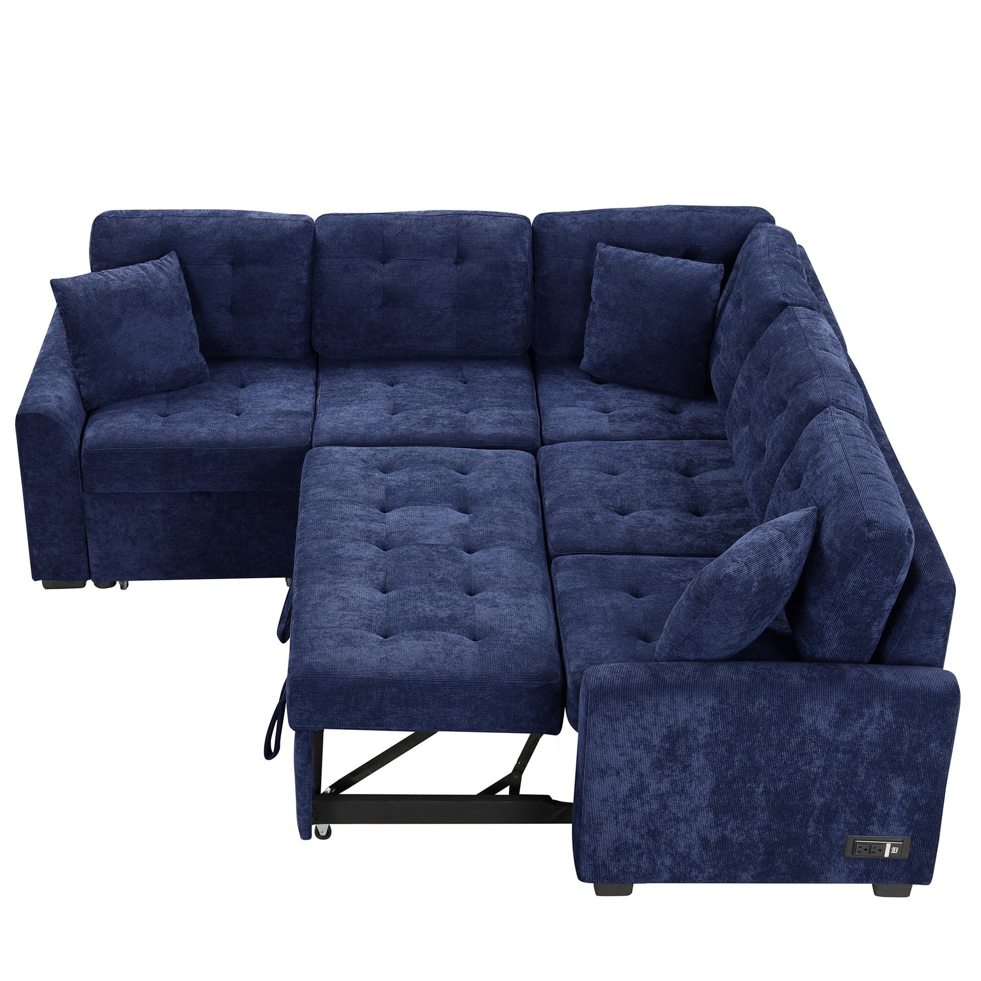 82.6" L Shape Sofa Bed Pull Out Sleeper Sofa With Wheels, Usb Ports, Power Sockets For Living Room, Navy Blue Navy Blue Foam Velvet