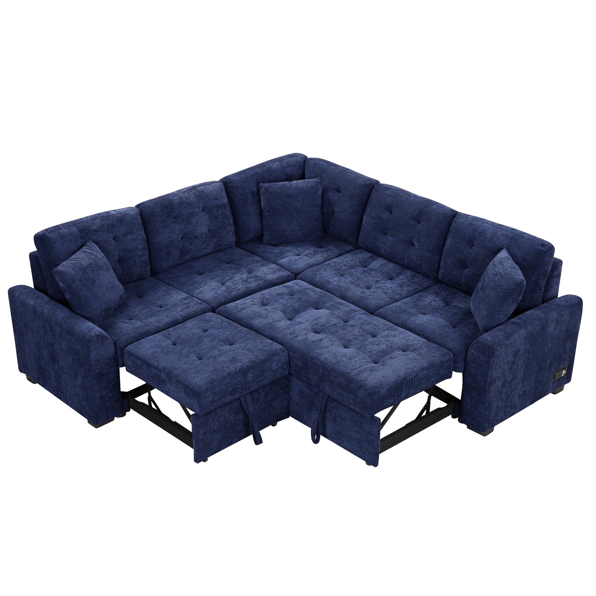 82.6" L Shape Sofa Bed Pull Out Sleeper Sofa With Wheels, Usb Ports, Power Sockets For Living Room, Navy Blue Navy Blue Foam Velvet