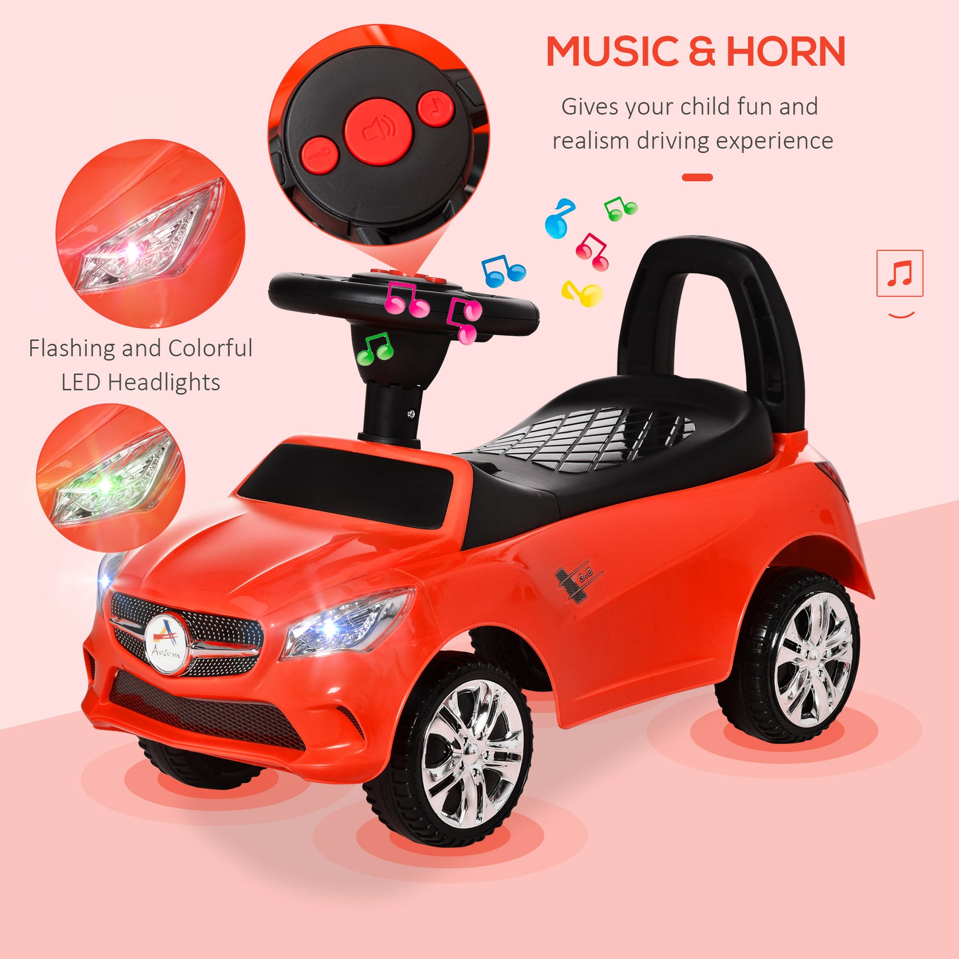 Kids Ride On Push Car, Foot To Floor Walking Sliding Toy Car For Toddler With Working Horn, Music, Headlights And Storage, Red Red Polypropylene