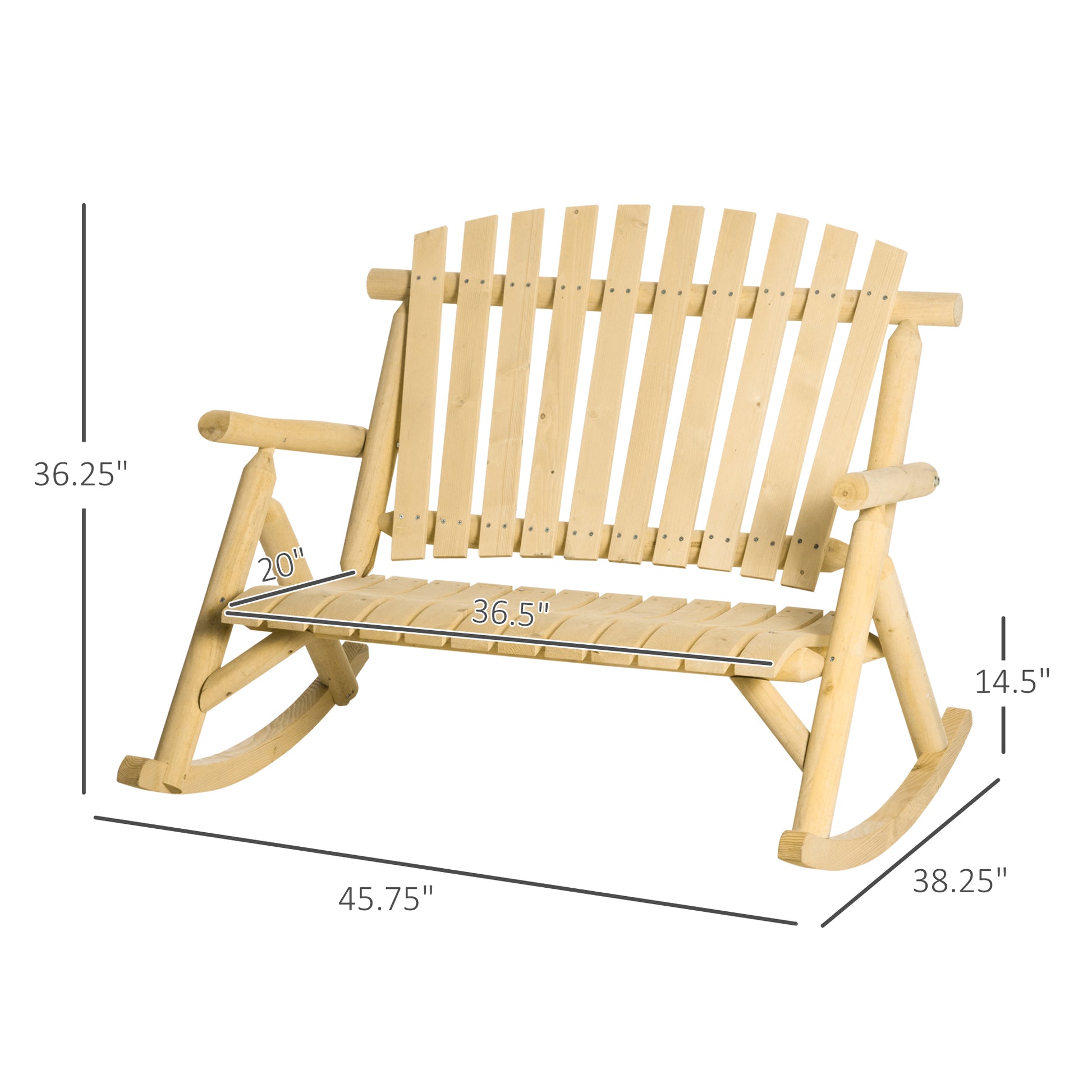 Double Wooden Porch Rocking Bench, Adirondack Porch Rocker Chair, Heavy Duty Loveseat For 2 Persons With High Rise Slatted Seat & Backrest, Smooth Armrests, Natural Natural Wood