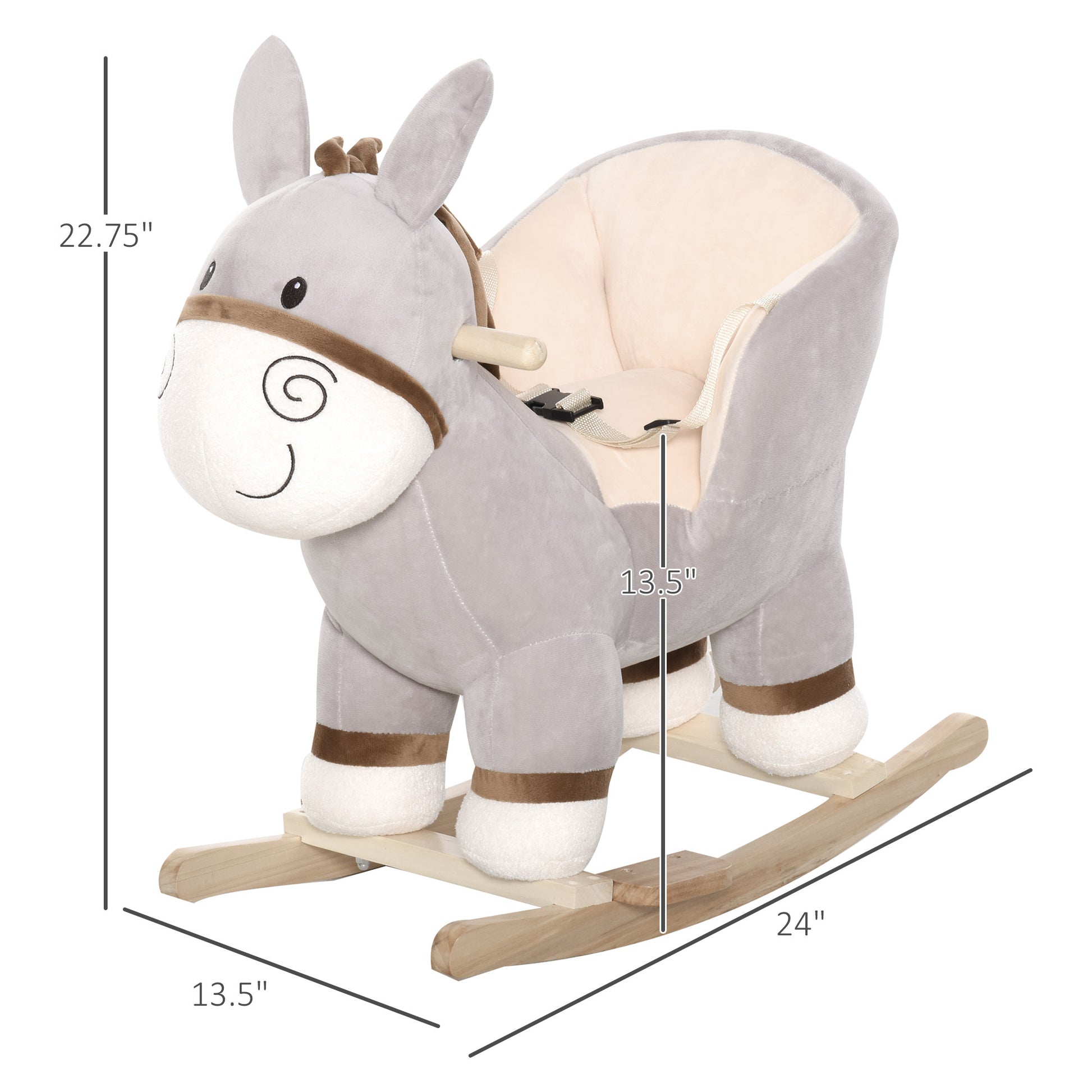 Kids Rocking Chair, Plush Ride On Rocking Horse Donkey With Sound, Wood Base Seat, Safety Belt, Baby Toddler Rocker Toy For 18 36 Months, Gray Light Gray Plush