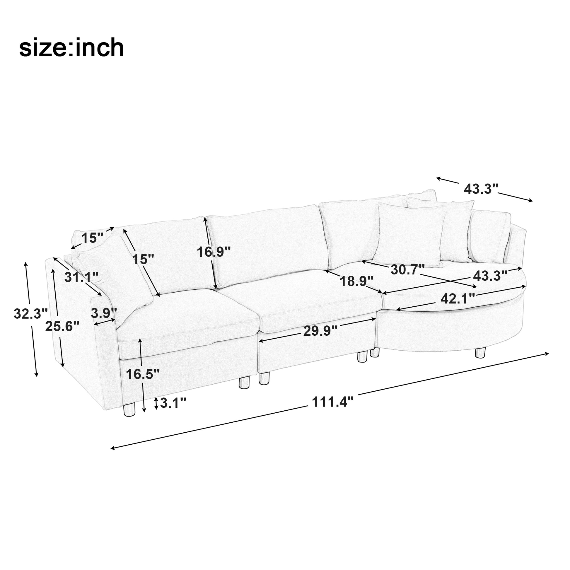 Three Indoor Cushioned Combination Sofas With Three Pillows And Curved Seat, For Living Room, Study Room, And Apartment Beige Polyester