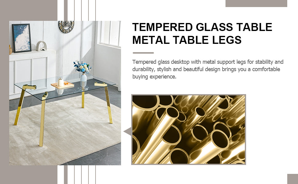 Modern Minimalist Style Rectangular Glass Dining Table With Tempered Glass Tabletop And Golden Metal Legs, Suitable For Kitchen, Dining Room, And Living Room, 63 Inches * 35.4 Inches * 30 Inches Golden Metal