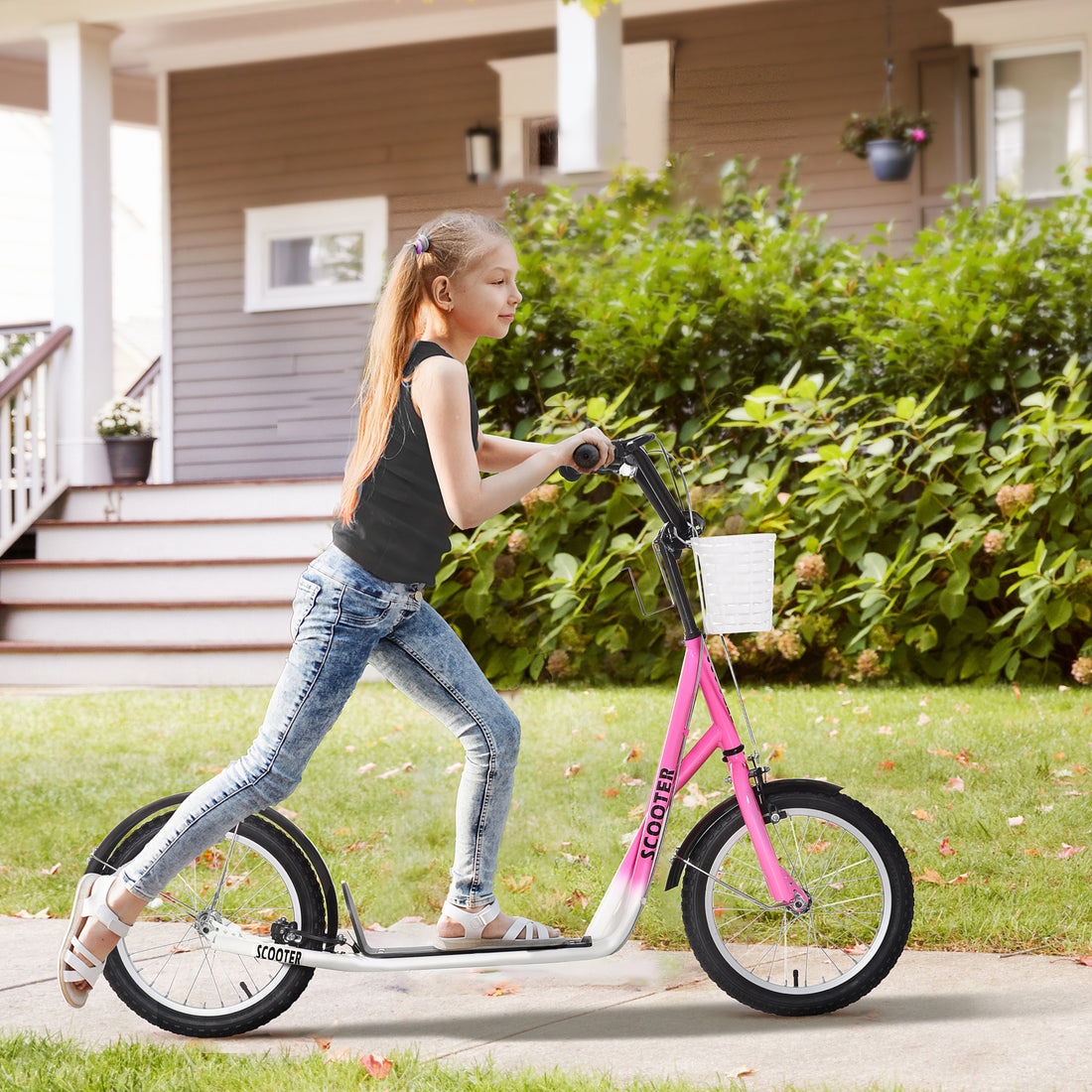 Youth Scooter, Kick Scooter With Adjustable Handlebars, Double Brakes, 16" Inflatable Rubber Tires, Basket, Cupholder, Pink Pink Metal