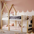 Twin Over Twin House Bunk Bed With White Storage Staircase And Blackboard, White And Natural Box Spring Not Required Twin White Bed Frame Pine