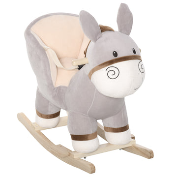 Kids Rocking Chair, Plush Ride On Rocking Horse Donkey With Sound, Wood Base Seat, Safety Belt, Baby Toddler Rocker Toy For 18 36 Months, Gray Light Gray Plush