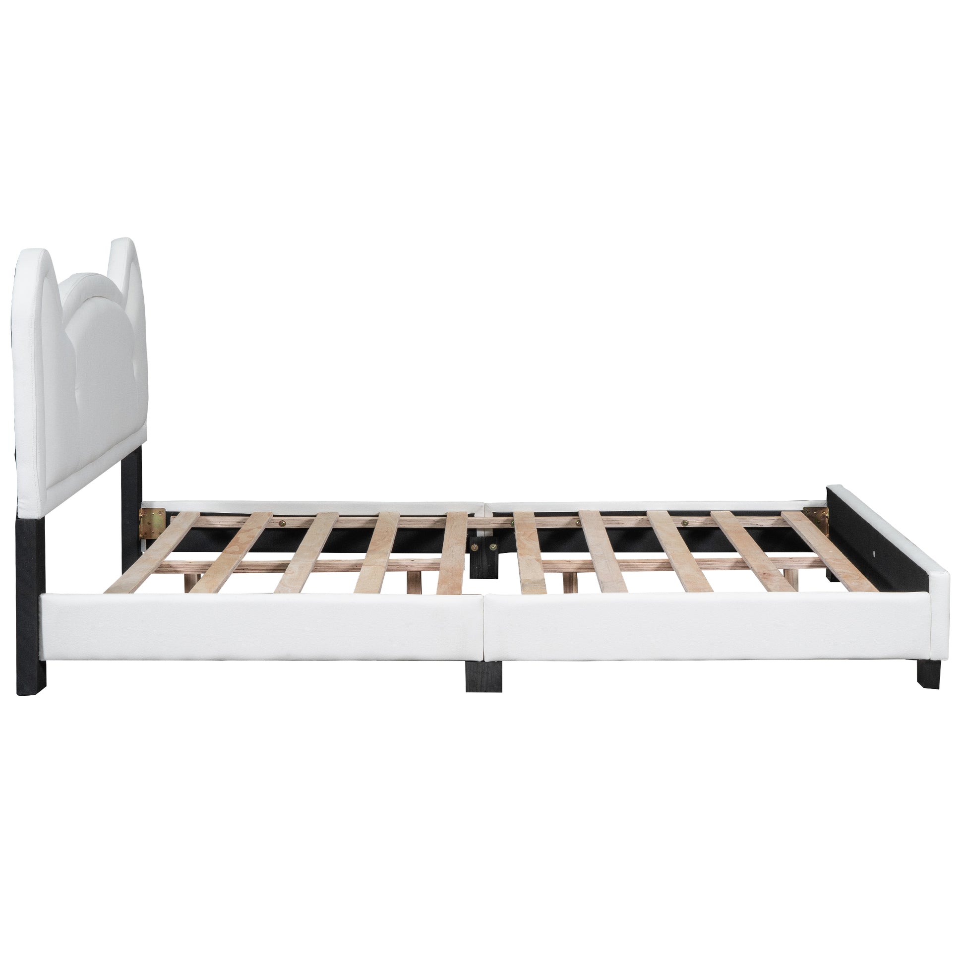 Full Size Upholstered Platform Bed With Carton Ears Shaped Headboard, White Box Spring Not Required Full White Wood Bedroom Bed Frame Faux Leather Upholstered