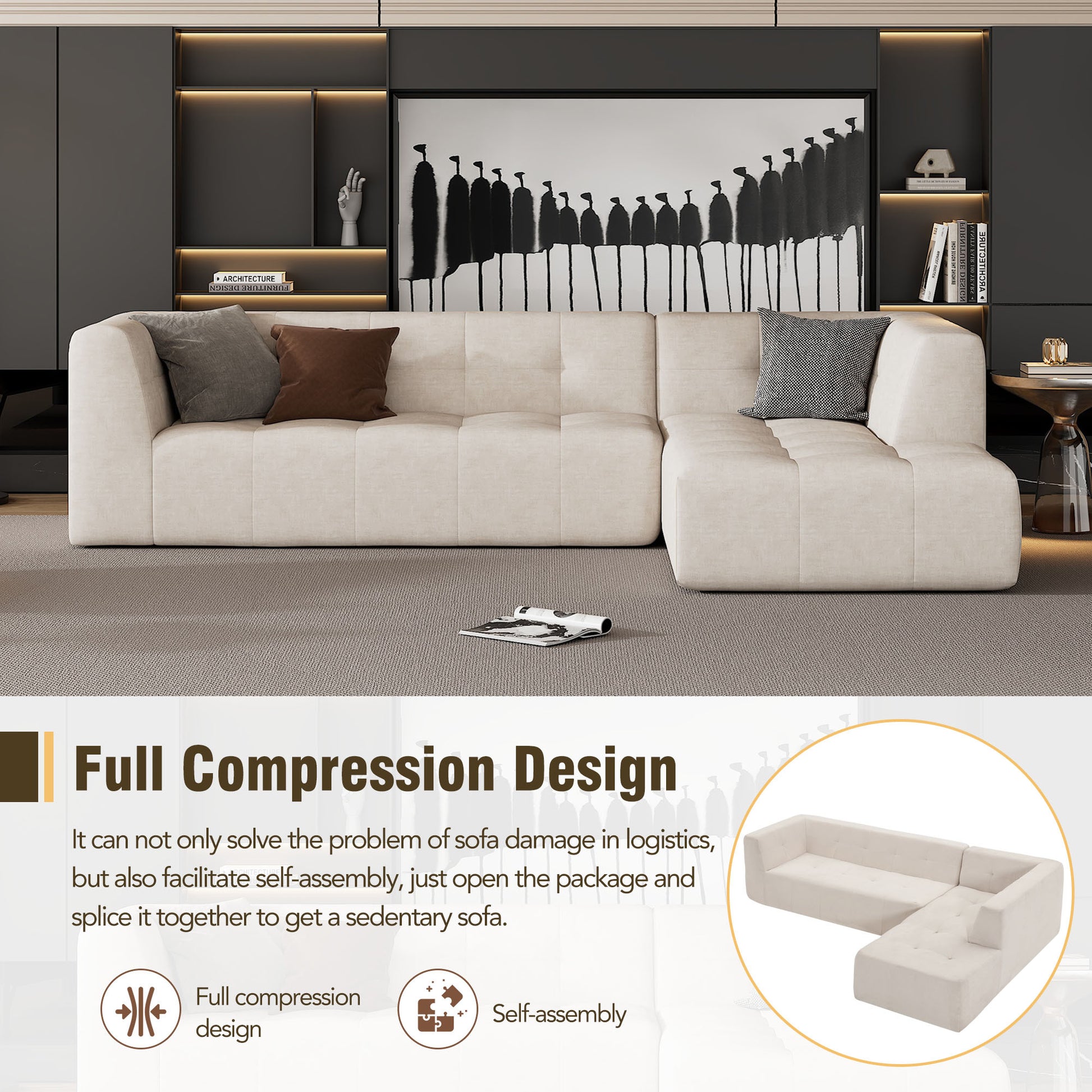 110.2*72.8" Modular Modular Combination Living Room Sofa Set, Modern Minimalist Sofa, Living Room Upholstered Sofa Bed, Bedroom, 2Pcs Computer Free Combination, L Shaped,Beige Beige Foam Chenille 3 Seat