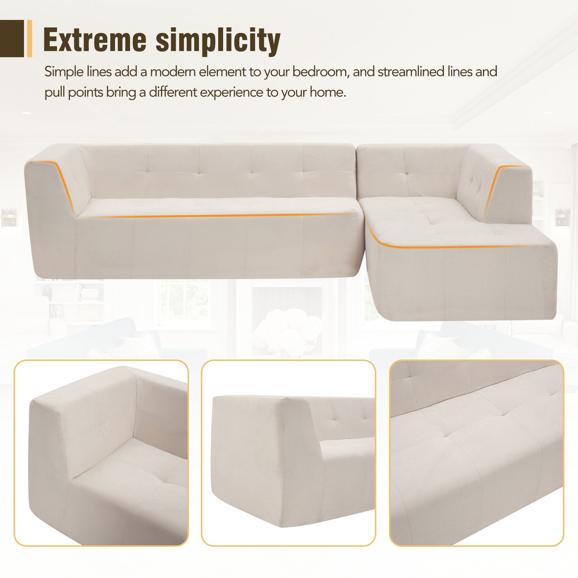 110.2*72.8" Modular Modular Combination Living Room Sofa Set, Modern Minimalist Sofa, Living Room Upholstered Sofa Bed, Bedroom, 2Pcs Computer Free Combination, L Shaped,Beige Beige Foam Chenille 3 Seat