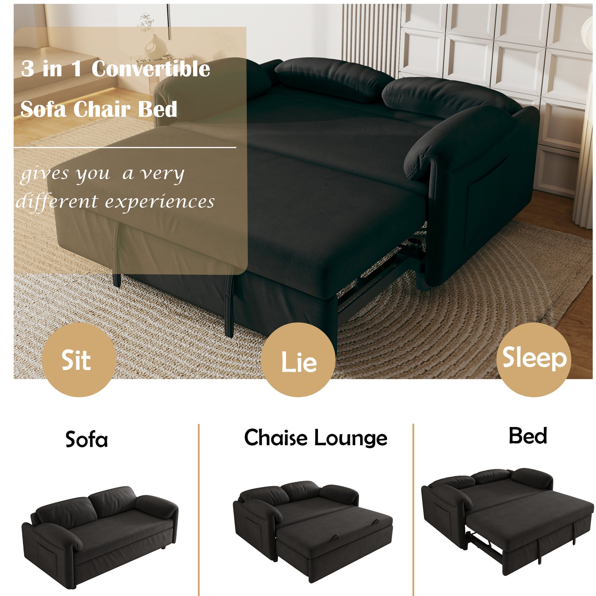 54 Inch Velvet Sofa Sofa Bed Dual Purpose Living Room Retractable Bed Black Sofa Black Velvet