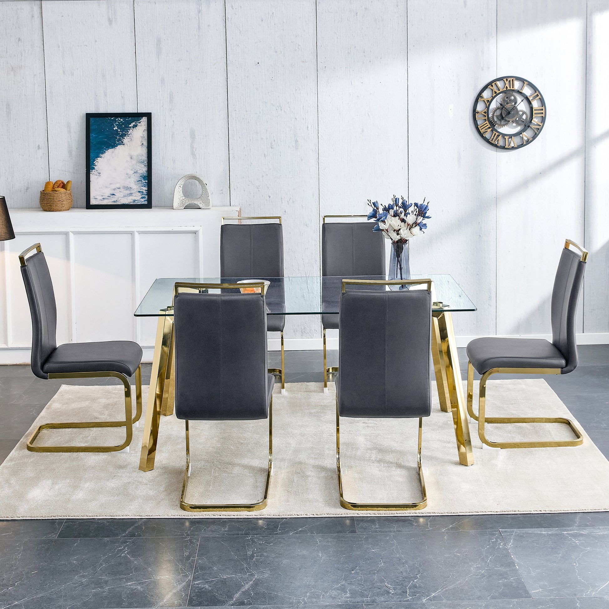 Modern Minimalist Style Rectangular Glass Dining Table With Tempered Glass Tabletop And Golden Metal Legs, Suitable For Kitchen, Dining Room, And Living Room, 63 Inches * 35.4 Inches * 30 Inches Golden Metal