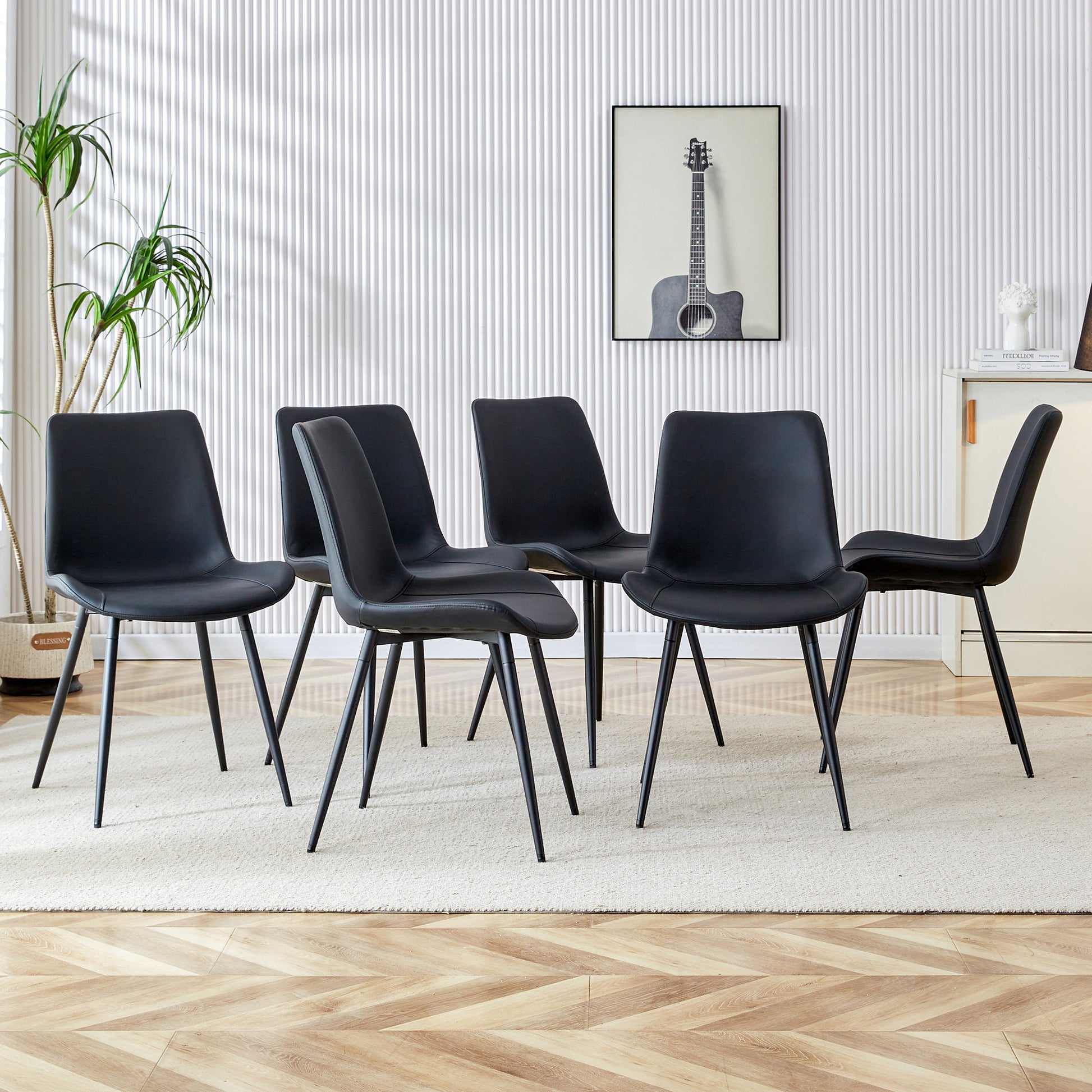 Black Artificial Leather Backrest Cushion Dining Chair, Black Metal Legs, Curved Widened Cushion Design For More Comfort, Suitable For Restaurants, Kitchens, Bedrooms, Offices. 4 Chairs 0502 Black Faux Leather