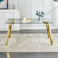 Modern Minimalist Style Rectangular Glass Dining Table With Tempered Glass Tabletop And Golden Metal Legs, Suitable For Kitchen, Dining Room, And Living Room, 63 Inches * 35.4 Inches * 30 Inches Golden Metal