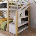 Twin Over Twin House Bunk Bed With White Storage Staircase And Blackboard, White And Natural Box Spring Not Required Twin White Bed Frame Pine