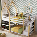 Twin Over Twin House Bunk Bed With White Storage Staircase And 2 Blackboards, White And Natural Box Spring Not Required Twin White Bed Frame Pine