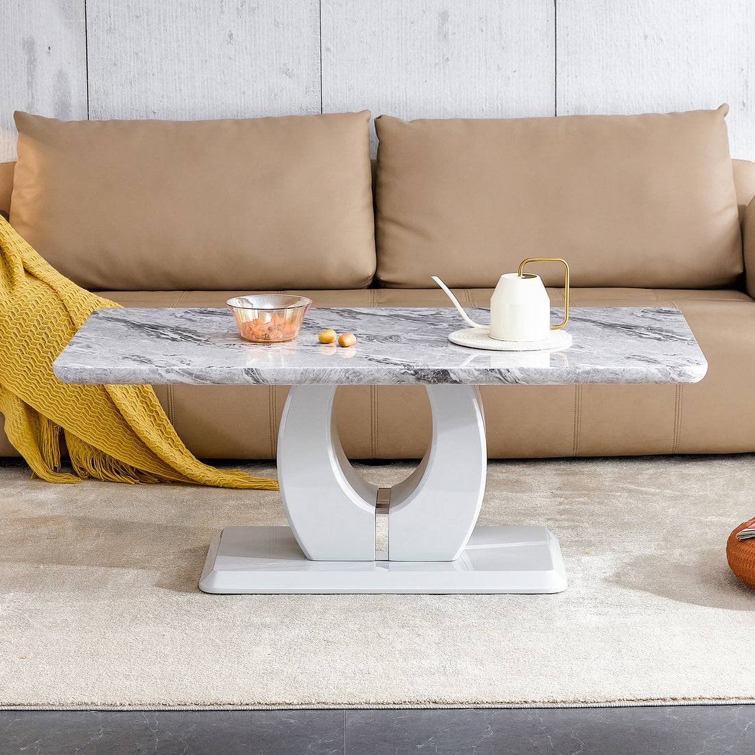 Modern Luxury Imitation Marble Light Gray Tea Table,Coffee Table, Paired With Silver Stainless Steel Decorative Strips. Computer Desk. Game Table. Ct 1280 Light Grey Mdf