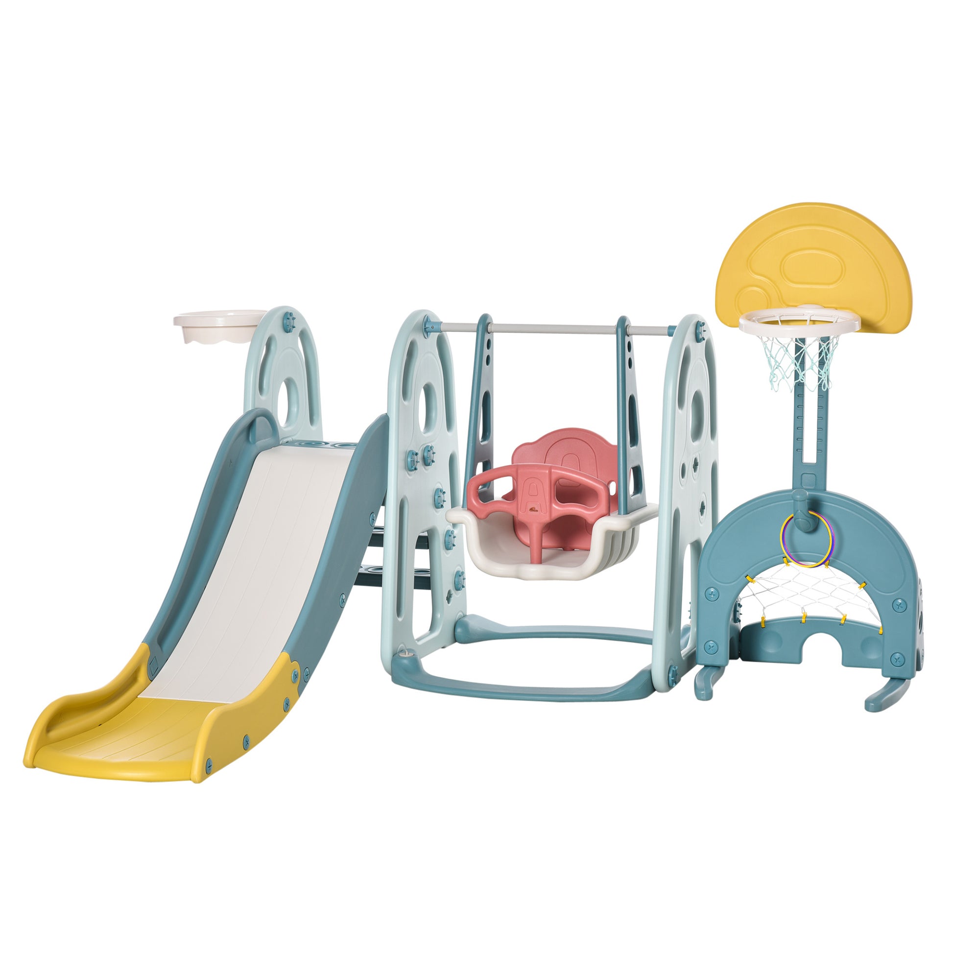 Multi Activity Extra Safe Baby Slide And Swing Set For Toddlers With Basketball Hoop, 5 In 1 Toddler Playset Backyard Toy Multi Hdpe