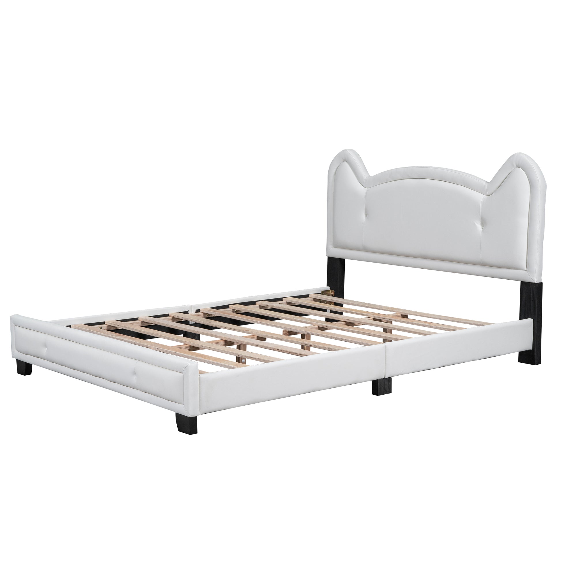 Full Size Upholstered Platform Bed With Carton Ears Shaped Headboard, White Box Spring Not Required Full White Wood Bedroom Bed Frame Faux Leather Upholstered