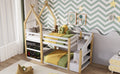 Twin Over Twin House Bunk Bed With White Storage Staircase And 2 Blackboards, White And Natural Box Spring Not Required Twin White Bed Frame Pine