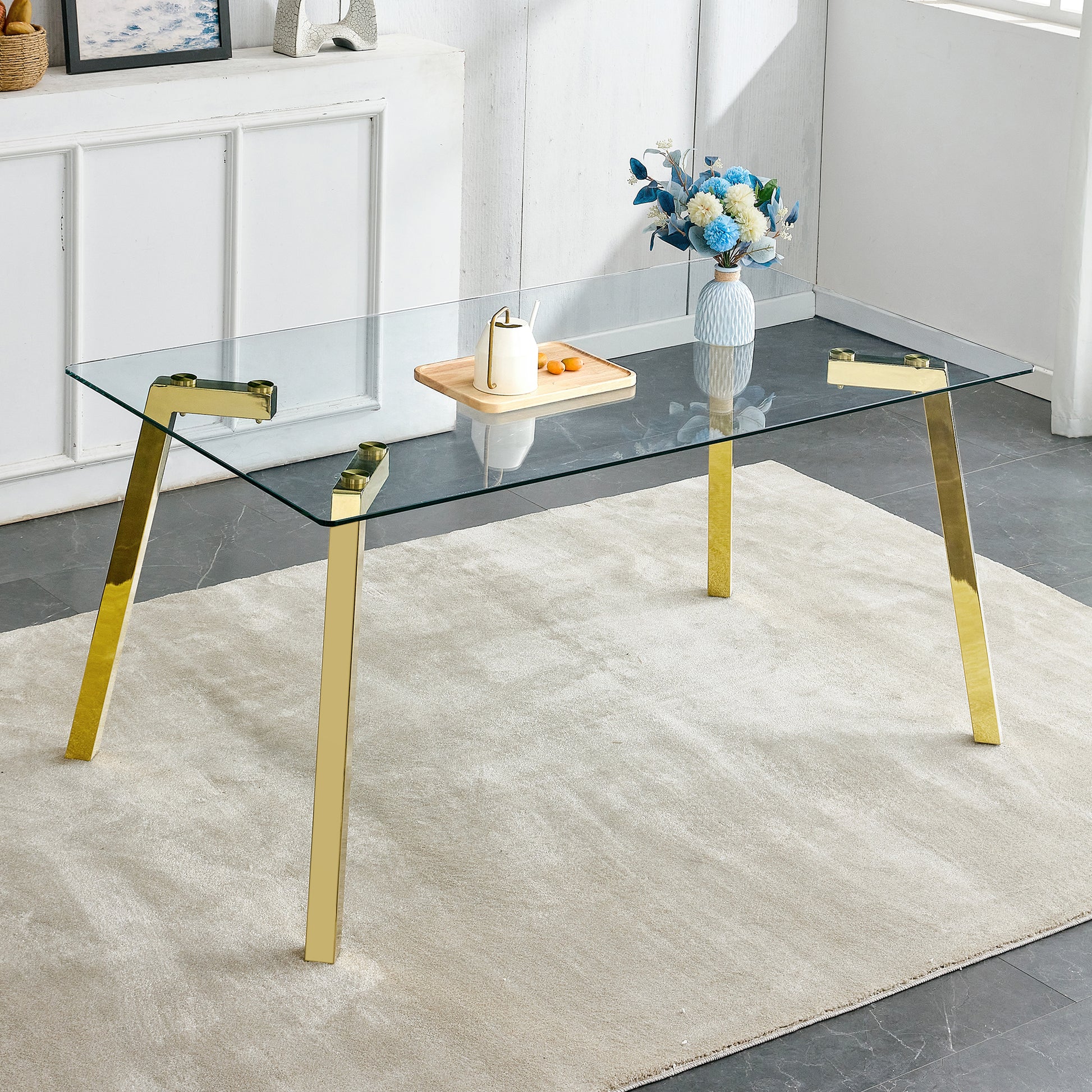 Modern Minimalist Style Rectangular Glass Dining Table With Tempered Glass Tabletop And Golden Metal Legs, Suitable For Kitchen, Dining Room, And Living Room, 63 Inches * 35.4 Inches * 30 Inches Golden Metal
