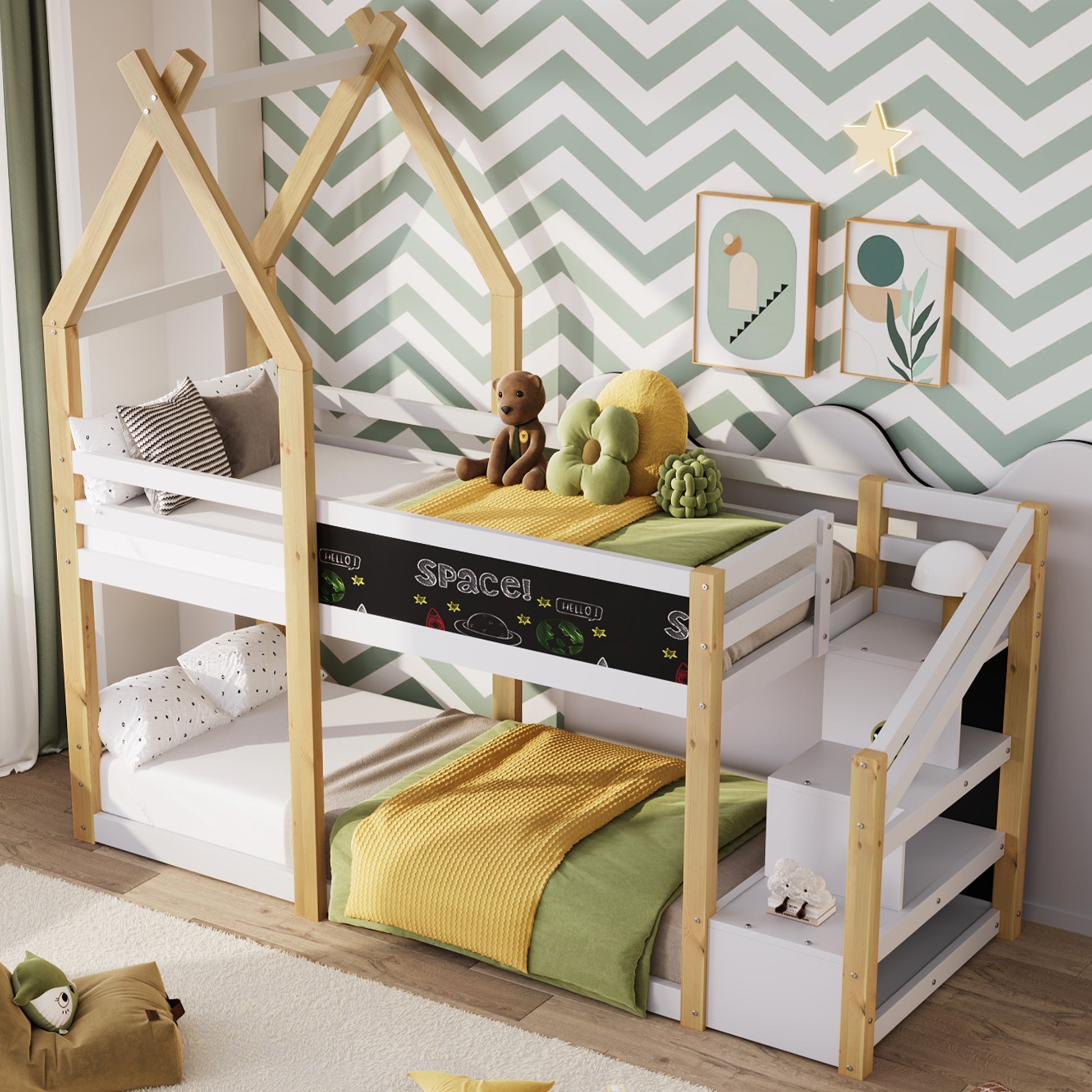 Twin Over Twin House Bunk Bed With White Storage Staircase And Blackboard, White And Natural Box Spring Not Required Twin White Bed Frame Pine