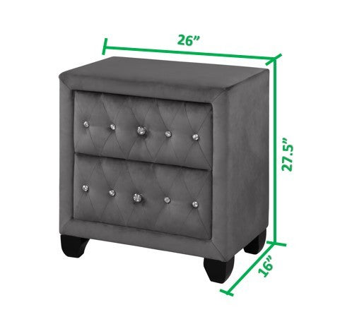 Sophia Modern Style Crystal Tufted 2 Drawer Nightstand Upholstered With Velvet Fabric Made With Wood In Gray Gray 2 Drawers Bedroom Bedside Cabinet Contemporary,Modern Drawers Solid Wood Mdf Wood