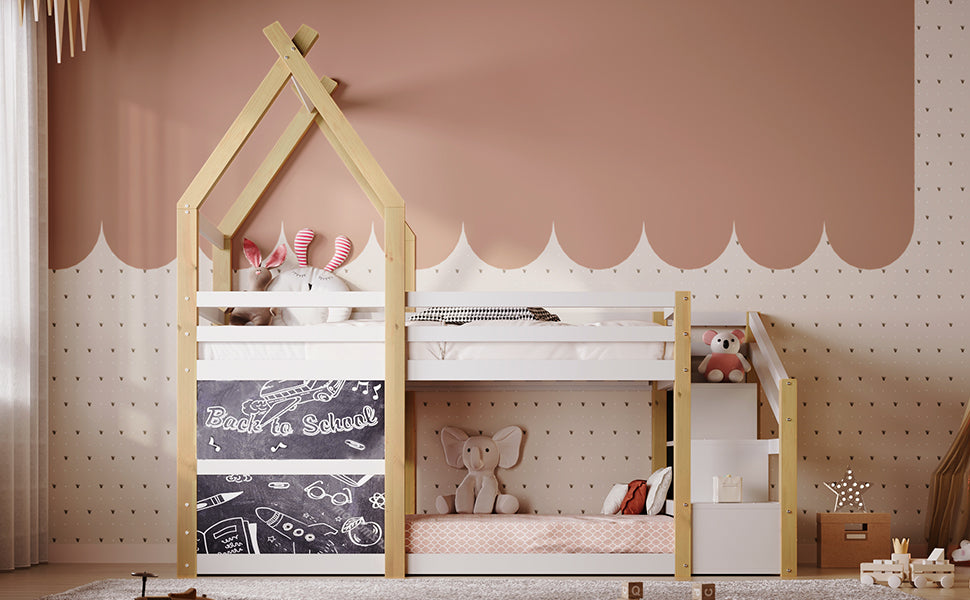 Twin Over Twin House Bunk Bed With White Storage Staircase And 2 Blackboards, White And Natural Box Spring Not Required Twin White Bed Frame Pine