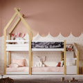 Twin Over Twin House Bunk Bed With White Storage Staircase And Blackboard, White And Natural Box Spring Not Required Twin White Bed Frame Pine